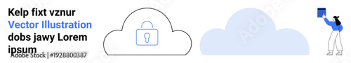 Cloud storage, data protection, cybersecurity, digital safety, technology, online privacy. A cloud icon with a lock and a person holding a book. Cloud storage and data protection concept