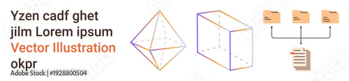 Workflow processes, data organization, educational tools, geometry concepts, digital systems, file sharing. Geometric shapes, file folders and document linkage diagram. Workflow and data
