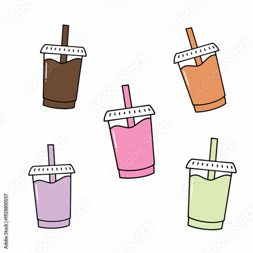 Bubble Tea Colourful Drinks Sets in Plastic Cup Kawai Drink Flat Vector Illustration