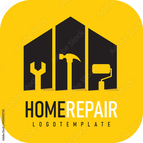 Home Repair Logo Template Design. Home, Brush, Hammer, Wrench. for Repairing, Renovation, Restoration, Maintenance, Construction, Building, Icon, Apps. Vector Illustration 