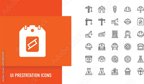 Construction Icons: An organized compilation of various construction symbols, highlighting industry elements with their associated tools and machines, ready for UI and design.