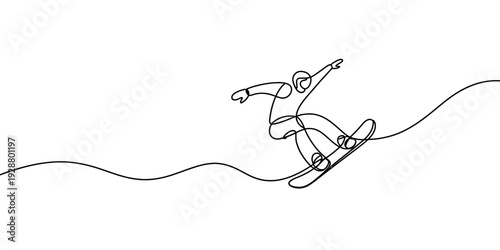 Minimalist Line Drawing of Snowboarder Riding Mountain Slope