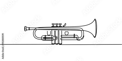Continuous one line drawing of a musical trumpet instrument on white background.