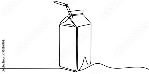Minimalist Line Drawing of Milk Carton with Straw