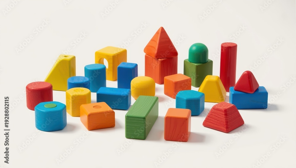 Obraz premium Vibrant building blocks. Kids’ wooden playthings. Toy on light backdrop