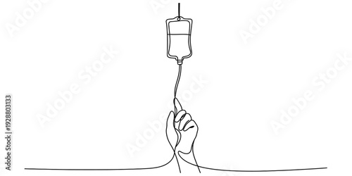 Hand Grasping IV Drip Bag in Minimalist Line Drawing