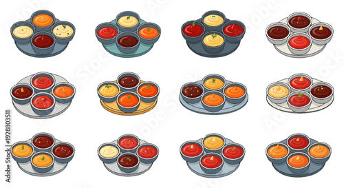 Assorted Dipping Sauce Set with Ketchup Mustard and Mayonnaise Illustration