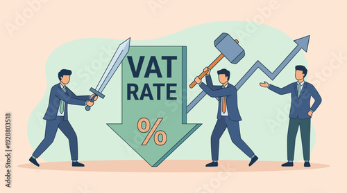Business Team Using Sword and Hammer to Cut or Lower VAT Rate to Help Economic Recovery and Growth. Professional Men in Suits Fighting High Taxes to Boost Business and Financial Stability.