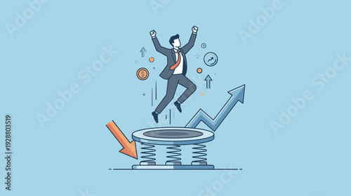 Businessman jumping from a trampoline to bounce back to success, concept of business recovery, financial rebound, economic growth, and overcoming challenges with upward arrows and money icons.