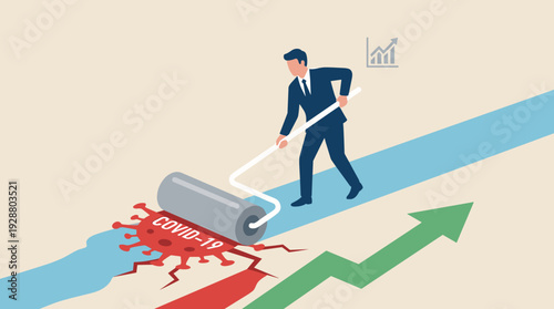 Businessman Erasing Red COVID-19 Virus with a Paint Roller, Creating a Blue Path Towards Economic Recovery and Growth with a Green Upward Arrow, Symbolizing Post-Pandemic Success and Resilience.
