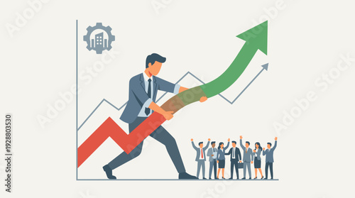 Businessman Pulling Financial Graph Arrow Upwards to Lead Company Out of Crisis, Concept of Business Recovery, Economic Growth, Leadership, and Success with Cheering Team in Background Vector.