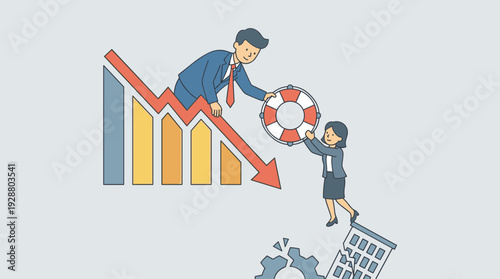 Businessman Rescuing Partner from Falling Financial Chart with a Lifebuoy. Illustration of Business Bankruptcy, Economic Crisis, and Financial Support. Helping Hand in a Market Downturn Design.
