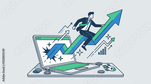 Businessman in a suit riding a soaring green and blue arrow chart bursting out of a laptop screen, representing rapid business growth, financial success, market breakthrough, and digital innovation.