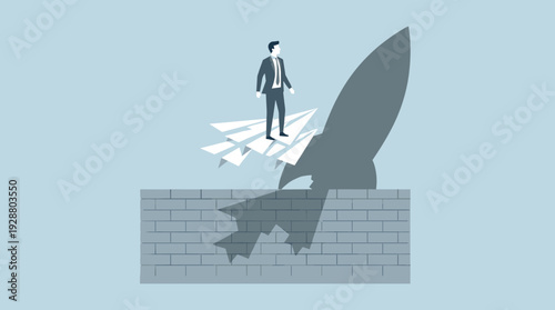 Businessman Standing on Paper Planes Flying Over a Brick Wall with a Rocket Shadow, Symbolizing Ambition, Business Growth, Startup Success, Potential, and Overcoming Obstacles in Career Path.