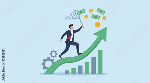 Businessman in a suit running up a rising green arrow graph catching flying dollar bills and gold coins with a net, representing financial success, business growth, income, and profit.