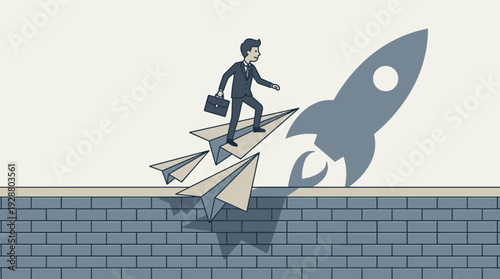 Businessman in suit standing on paper plane flying over brick wall with rocket shadow, symbolizing startup growth, business success, ambition, breakthrough, leadership, and overcoming obstacles.