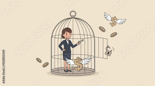 Businesswoman holding a key inside a birdcage with flying dollar signs and an open door, representing financial freedom, wealth management, and escaping debt, vector illustration metaphor.