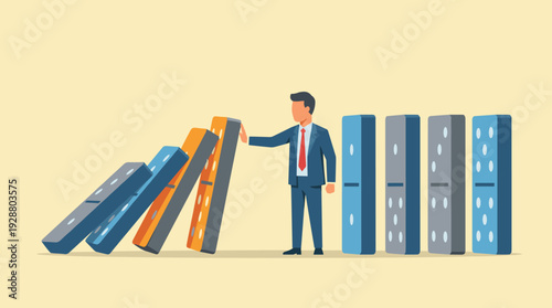 Businessman in a Professional Suit Stopping a Chain Reaction of Falling Dominoes to Prevent a Crisis, Concept of Risk Management, Leadership, Problem Solving, and Business Stability Vector.