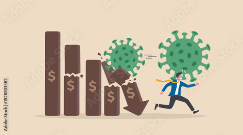Businessman running in panic from collapsing financial bar graph and COVID-19 virus pathogens, symbolizing global economic crisis, stock market crash, business debt, and recession impact.