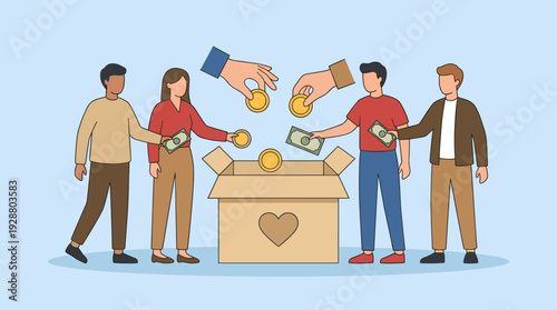 Diverse Group of People Putting Money, Gold Coins, and Cash Bills into a Charity Donation Box with Heart Symbol, Concept of Philanthropy, Social Support, Community Help, and Altruism Vector Art