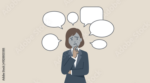 Businesswoman in Suit Thinking with Multiple Empty Speech Bubbles, Stressed Professional Woman Making a Difficult Decision, Overwhelmed Corporate Employee with Anxiety and Mental Health Issues
