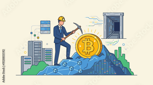 Bitcoin Mining Concept Flat Vector Illustration Featuring a Businessman in a Suit and Hard Hat Using a Pickaxe to Mine Cryptocurrency on a Digital Data Mountain with Servers and Blockchain.