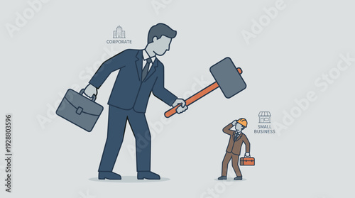 Corporate vs Small Business Competition Concept: Huge Businessman Representing Large Corporations Trying to Smash a Tiny Entrepreneur with a Giant Hammer, Illustrating Market Dominance and Power.