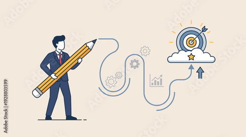 Businessman Drawing a Path to Success with Giant Pencil, Concept for Business Strategy, Goal Setting, Planning, and Achieving Targets with Visionary Leadership, Growth, and Creative Solutions