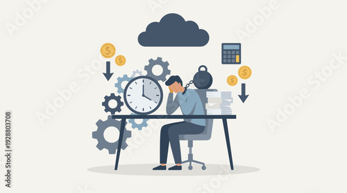 Stressed businessman at desk with heavy weight and dark cloud, representing work overload, financial burden, economic crisis, time pressure, and mental health issues in a professional office setting.