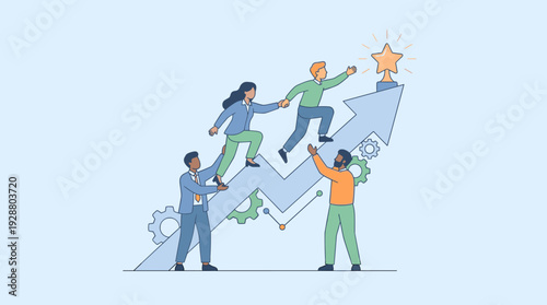 Diverse business team helping each other climb a rising arrow towards a star trophy. Concept of teamwork, collaboration, and mutual support to achieve success, career goals, and corporate growth.