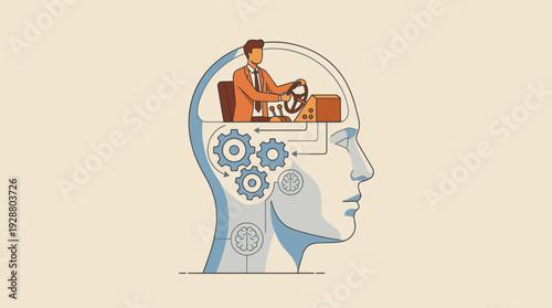 Conceptual vector illustration of a human head with a businessman inside controlling the brain with a steering wheel and gears, representing self-control, mental discipline, and leadership.