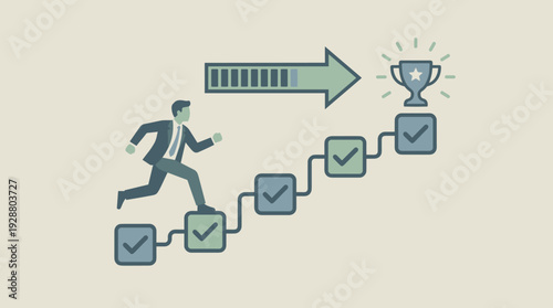Businessman running up a staircase of checkmarks towards a trophy, representing project tracking, goal achievement, task completion, and career success with a progress bar arrow indicator.