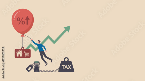 Rising Interest Rates and Inflation Concept with Man Pulled Up by Percentage Balloon while Weighted Down by Heavy Taxes, High Housing Costs, and Expensive Consumer Goods in Financial Crisis
