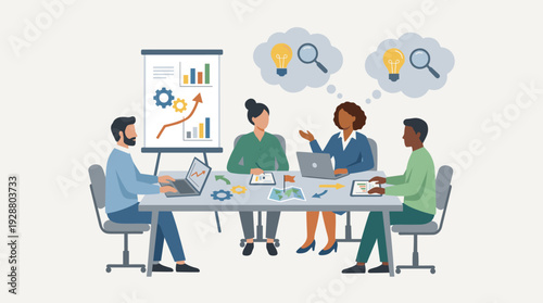 Diverse professional team collaborating in a business meeting for strategic planning and brainstorming, using laptops and data charts on a flipchart to develop innovative ideas and growth.