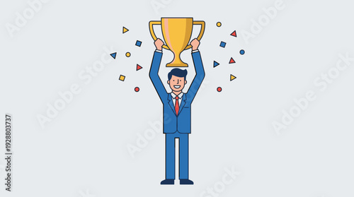 Successful businessman in blue suit holding gold trophy cup above head with confetti. Concept of leadership, career achievement, winning award, professional victory, and business goal accomplishment.