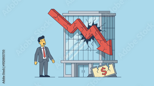 Shocked Businessman Watching a Large Red Downward Arrow Crashing Through an Office Building Representing Economic Crisis, Financial Loss, Stock Market Crash, Recession, and Business Failure.
