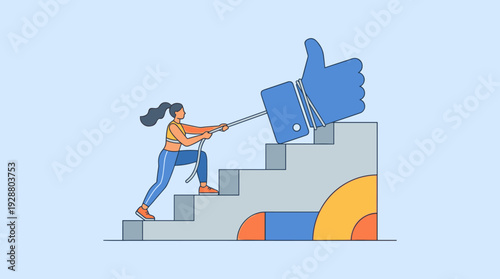 Woman Pulling a Heavy Thumbs Up Icon Up a Staircase, Conceptual Illustration of Social Media Pressure, Digital Marketing Struggle, Online Validation, and the Hard Work to Gain Likes and Popularity.