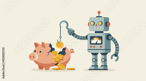 Artificial Intelligence Robot Stealing Gold Coins from a Broken Piggy Bank with a Metal Hook Hand, Flat Vector Illustration Representing Financial Theft, Cyber Crime, and Automation Risks.