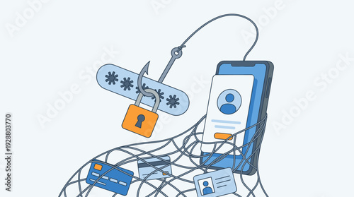 Cybersecurity Phishing Scam Illustration with a Password on a Hook Stealing Personal Data from a Smartphone, Identity Theft Concept with Credit Cards and a Locked Account in a Tangled Net Trap.