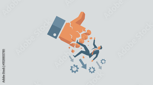 Business Failure and Negative Feedback Concept with a Businessman Falling as a Giant Thumbs Up Icon Crumbles and Breaks Apart, Symbolizing Social Media Impact, Risk, and Corporate Reputation Damage
