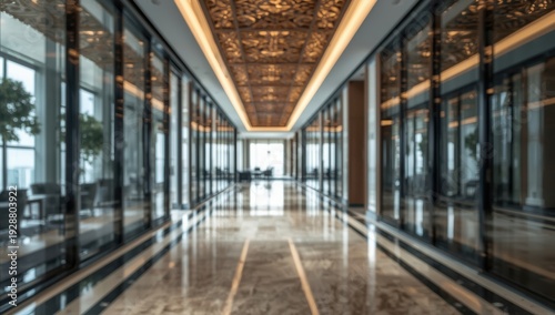 Wallpaper Mural Vague backdrop of a hotel lobby corridor featuring modern glass walls and a wooden lattice ceiling in the morning Torontodigital.ca