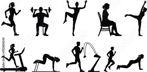 Fitness exercise silhouettes set showing cardio strength training yoga stretching home workout activities isolated on white background vector icons design