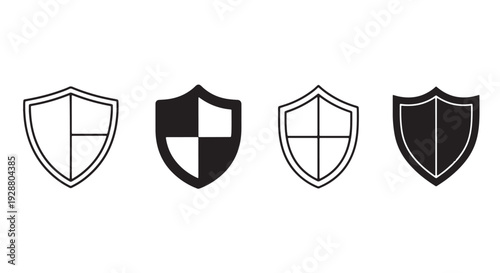 Security Shield Icon Set, 4 Styles: Minimal Flat, Bold Silhouette, Thin Outline, Modern Angular, Black and White Vector