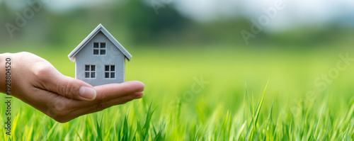 Hand house model grass green nature real estate eco home concept hand holds small house model over fresh green grass field symbol of eco home