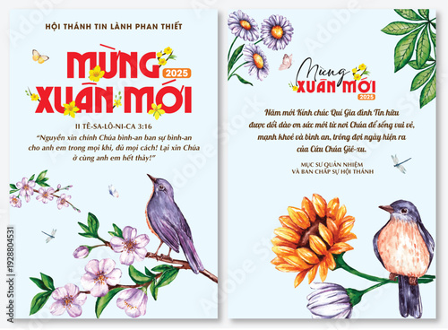 Vietnamese Lunar New Year Greeting Card with Floral Illustration