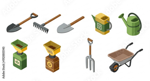 Gardening tools and supplies including shovels rakes watering can wheelbarrow and planters on white background for landscaping and horticulture