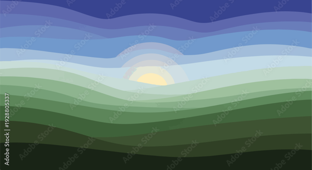 Obraz premium Stylized abstract landscape illustration featuring layered hills and sky