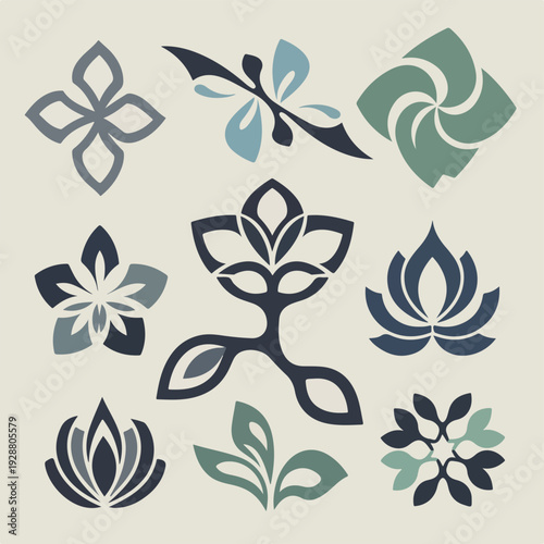 Stylized floral shapes in various colors against a neutral background