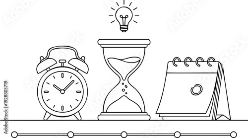 Line art vector of time management and planning with an alarm clock, hourglass, calendar, and lightbulb