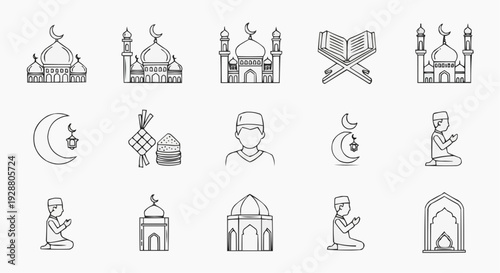 Ramadan and Eid al-Fitr Line Icon Set – Islamic Religious Symbols Outline Vector